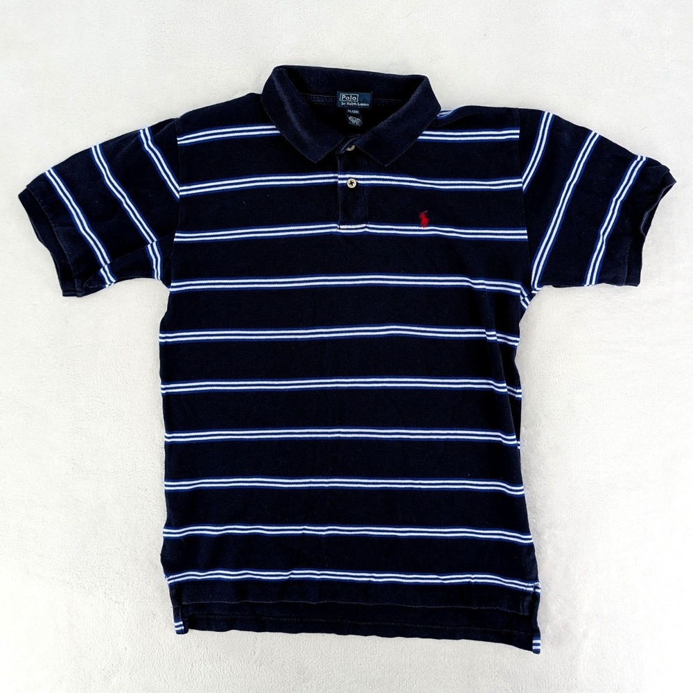 Polo Ralph Lauren Boys Striped Polo Shirt Navy Blue Red Pony Size XL 20